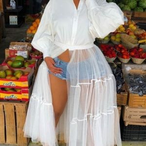 White Shirt with Tulle Skirt and Puff Sleeves